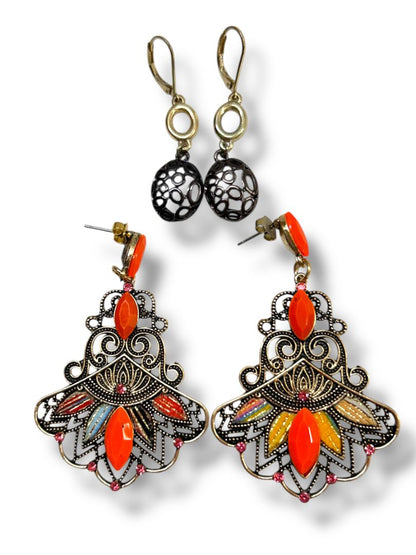 2 Pair Pierced Drop Earrings Chandelier Filigree Boho Style
