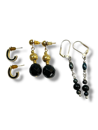 Lot of 3 Pair Pierced Earrings Hoop Dangle Black Goldtone Silverton