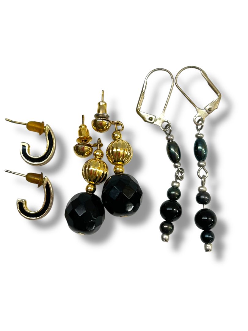 Lot of 3 Pair Pierced Earrings Hoop Dangle Black Goldtone Silverton