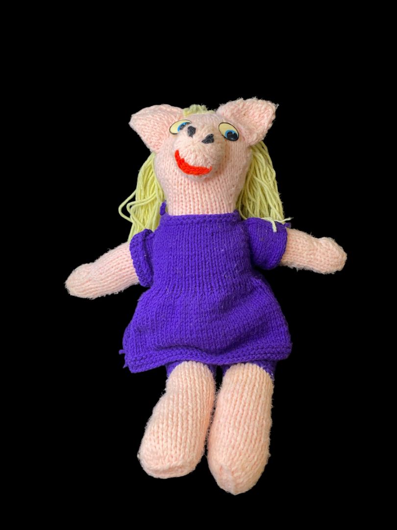 Vintage Handmade Crocheted Pig Doll Girl Blonde Hair Purple Dress 21"