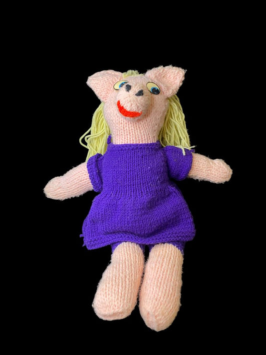Vintage Handmade Crocheted Pig Doll Girl Blonde Hair Purple Dress 21"