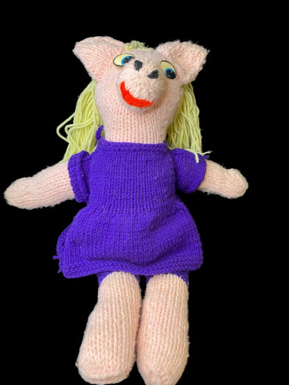 Vintage Handmade Crocheted Pig Doll Girl Blonde Hair Purple Dress 21"