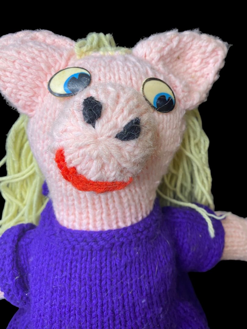 Vintage Handmade Crocheted Pig Doll Girl Blonde Hair Purple Dress 21"