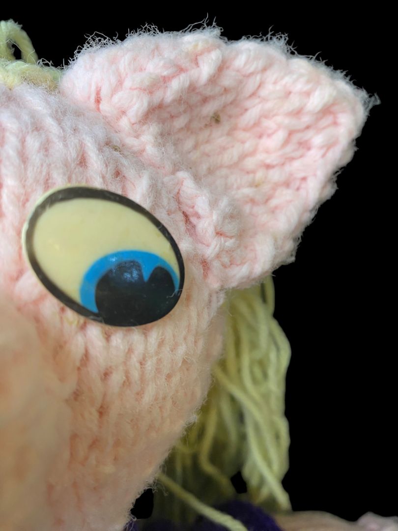 Vintage Handmade Crocheted Pig Doll Girl Blonde Hair Purple Dress 21"