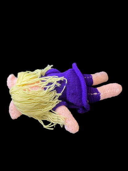 Vintage Handmade Crocheted Pig Doll Girl Blonde Hair Purple Dress 21"