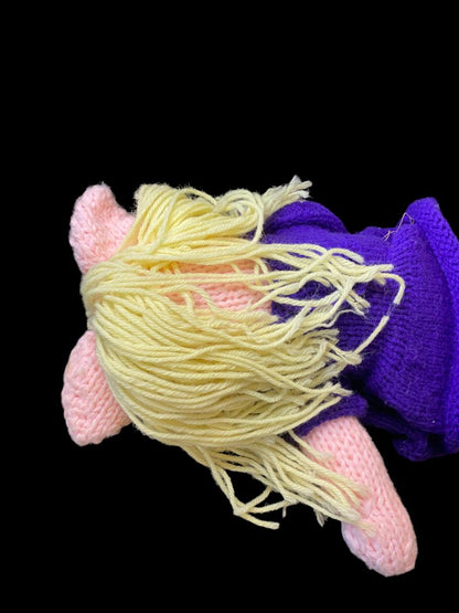 Vintage Handmade Crocheted Pig Doll Girl Blonde Hair Purple Dress 21"