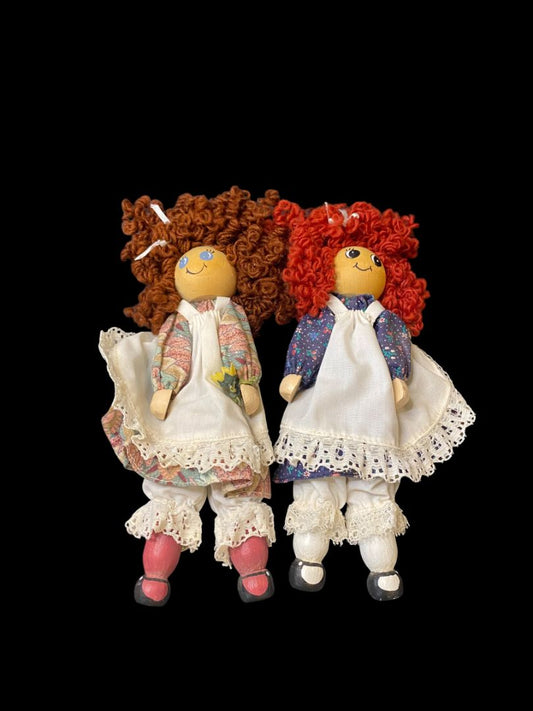 Vintage Set of 2 Wooden Clothespin Handmade Doll 6.5" Curly Hair Girls