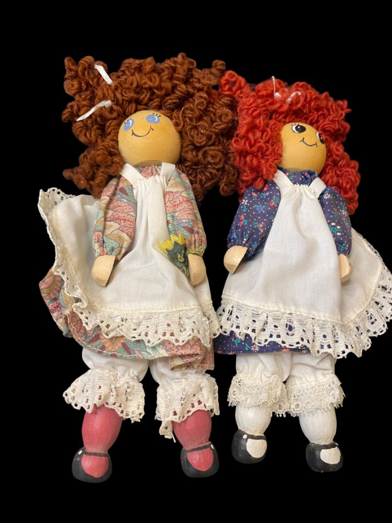 Vintage Set of 2 Wooden Clothespin Handmade Doll 6.5" Curly Hair Girls