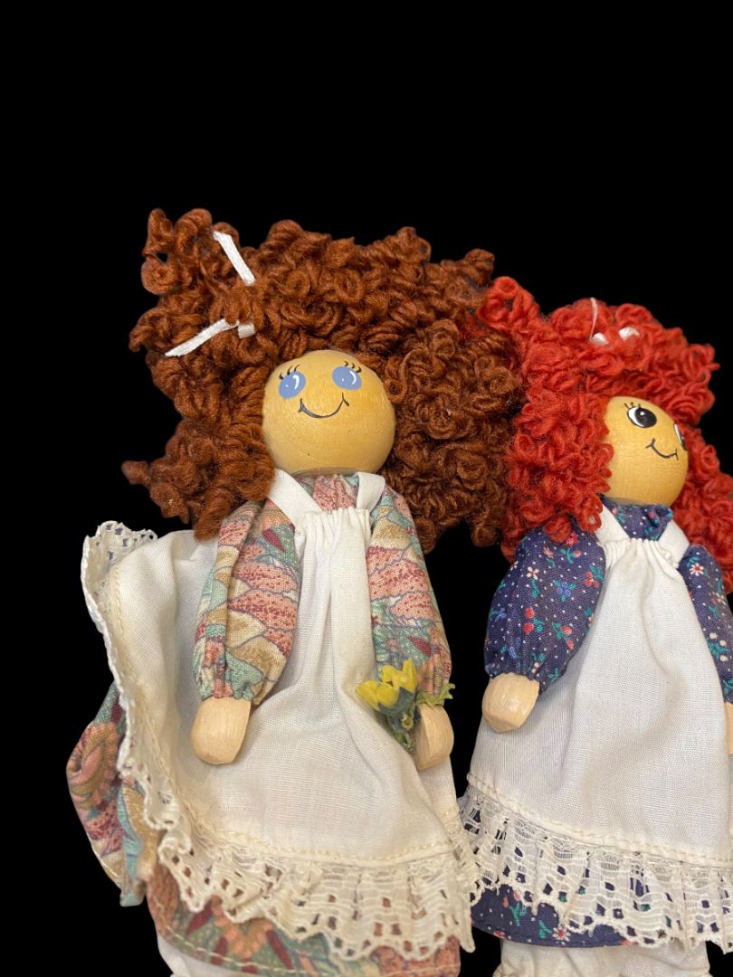 Vintage Set of 2 Wooden Clothespin Handmade Doll 6.5" Curly Hair Girls