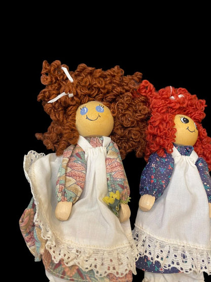 Vintage Set of 2 Wooden Clothespin Handmade Doll 6.5" Curly Hair Girls