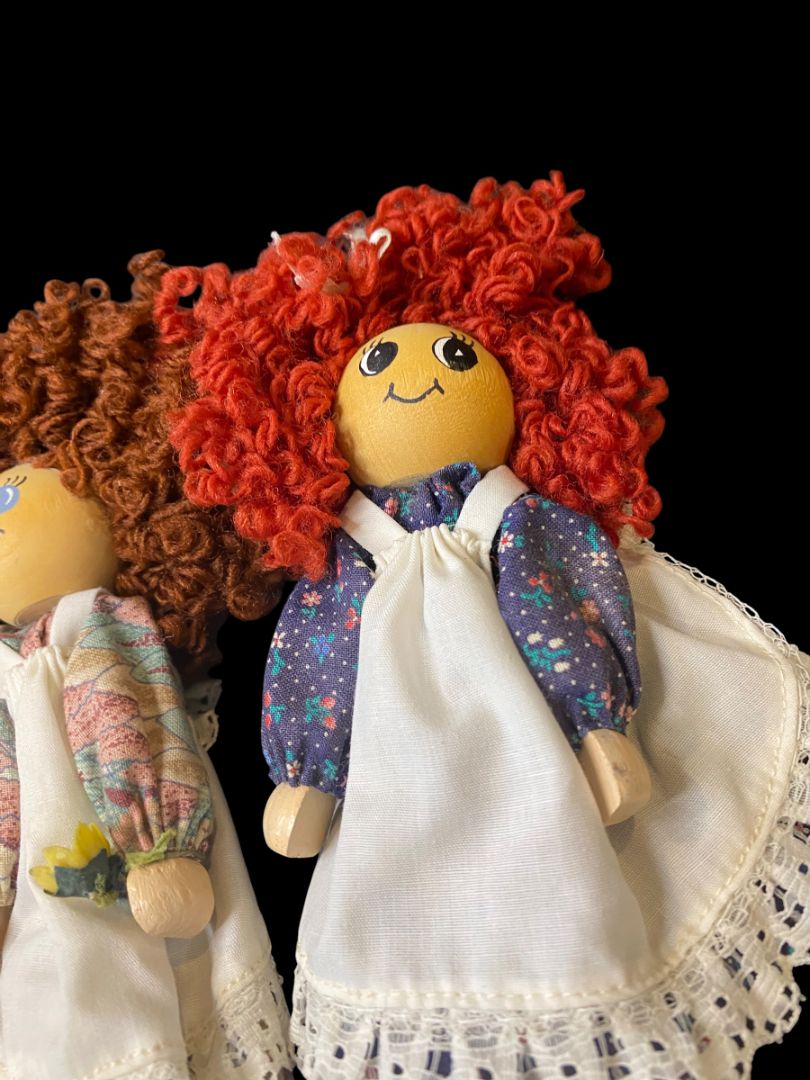 Vintage Set of 2 Wooden Clothespin Handmade Doll 6.5" Curly Hair Girls