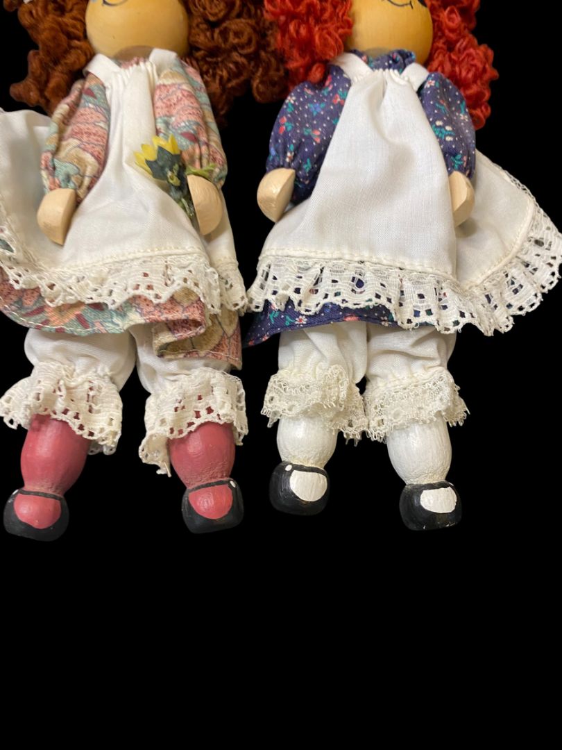 Vintage Set of 2 Wooden Clothespin Handmade Doll 6.5" Curly Hair Girls