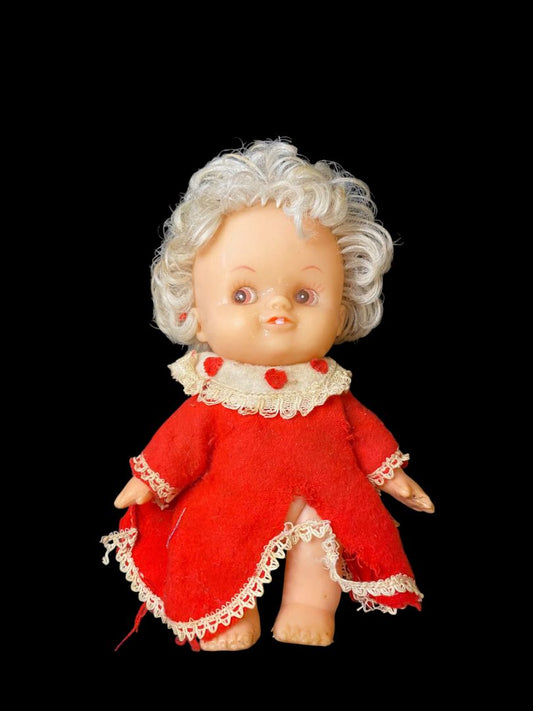 1960s R. Dakin Doll Dream Fun Farm 6.5” Buck Tooth Red Dress Hearts Valentine