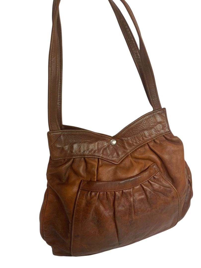 1980s Brown Leather Hobo Shoulder Bag Snap Closure Front Pocket