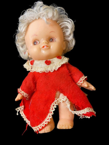 1960s R. Dakin Doll Dream Fun Farm 6.5” Buck Tooth Red Dress Hearts Valentine