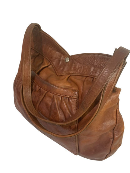 1980s Brown Leather Hobo Shoulder Bag Snap Closure Front Pocket