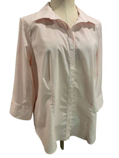 Size 14W Talbots Woman Red White Stripe Button Up Shirt 3/4 Sleeve Wrinkle Resistant