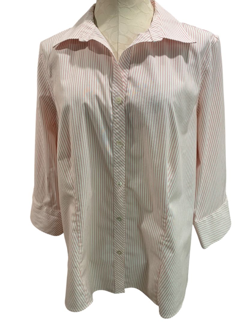 Size 14W Talbots Woman Red White Stripe Button Up Shirt 3/4 Sleeve Wrinkle Resistant