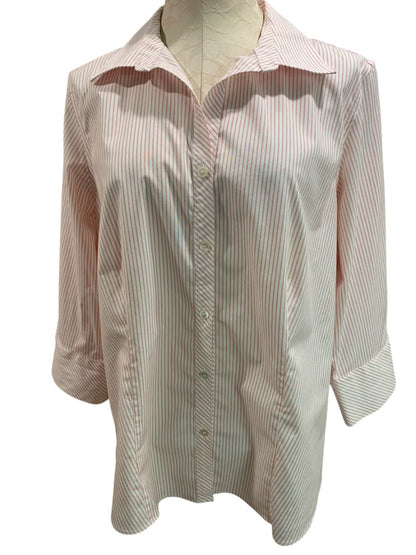 Size 14W Talbots Woman Red White Stripe Button Up Shirt 3/4 Sleeve Wrinkle Resistant