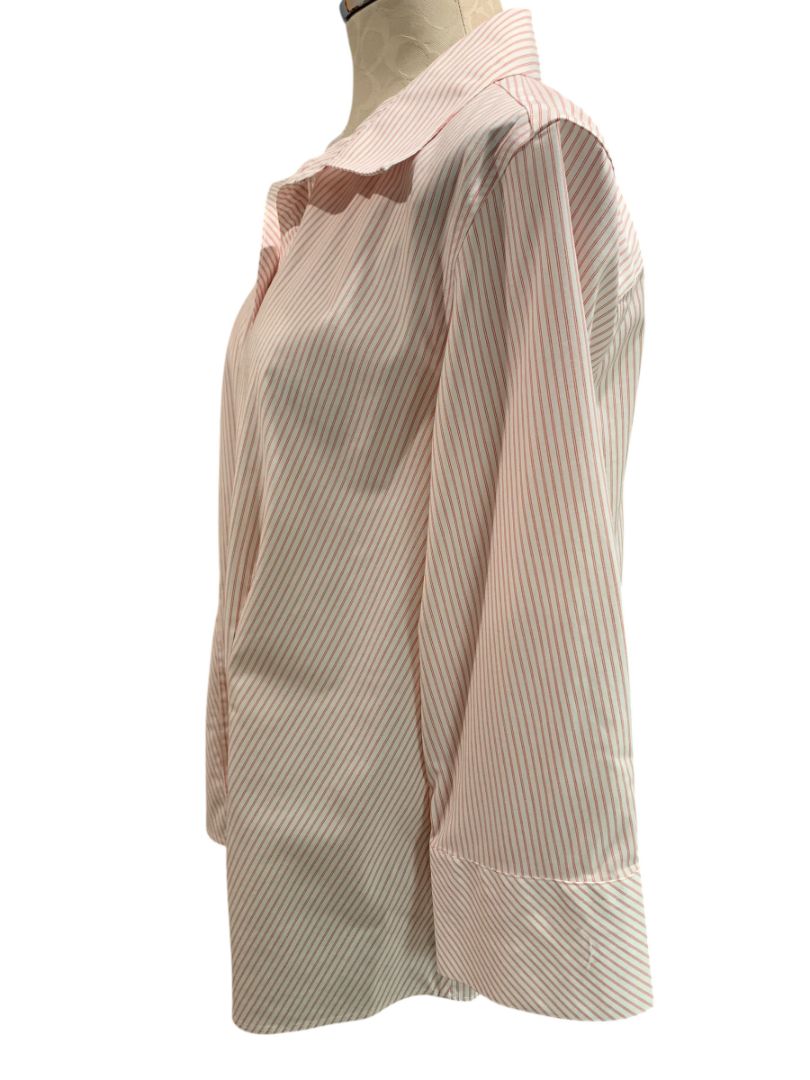 Size 14W Talbots Woman Red White Stripe Button Up Shirt 3/4 Sleeve Wrinkle Resistant