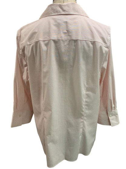 Size 14W Talbots Woman Red White Stripe Button Up Shirt 3/4 Sleeve Wrinkle Resistant
