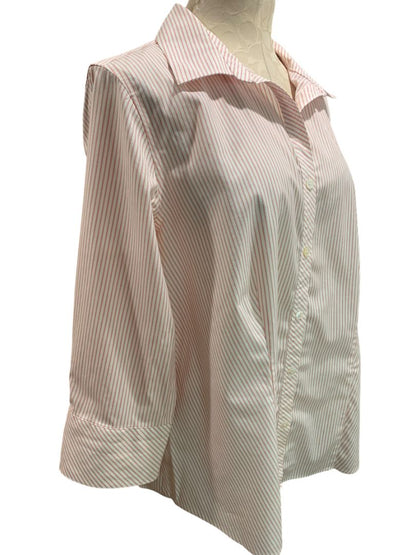 Size 14W Talbots Woman Red White Stripe Button Up Shirt 3/4 Sleeve Wrinkle Resistant