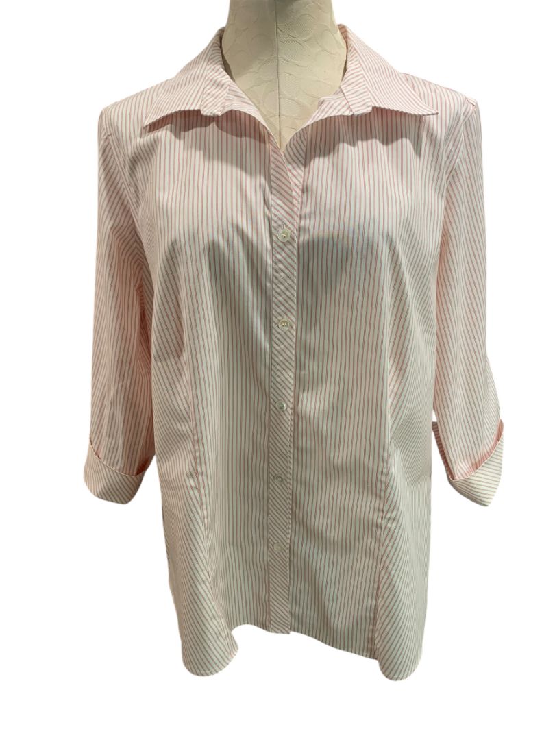 Size 14W Talbots Woman Red White Stripe Button Up Shirt 3/4 Sleeve Wrinkle Resistant