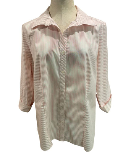 Size 14W Talbots Woman Red White Stripe Button Up Shirt 3/4 Sleeve Wrinkle Resistant