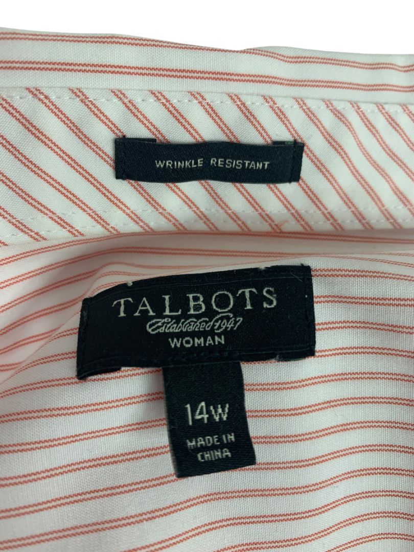 Size 14W Talbots Woman Red White Stripe Button Up Shirt 3/4 Sleeve Wrinkle Resistant