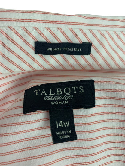 Size 14W Talbots Woman Red White Stripe Button Up Shirt 3/4 Sleeve Wrinkle Resistant