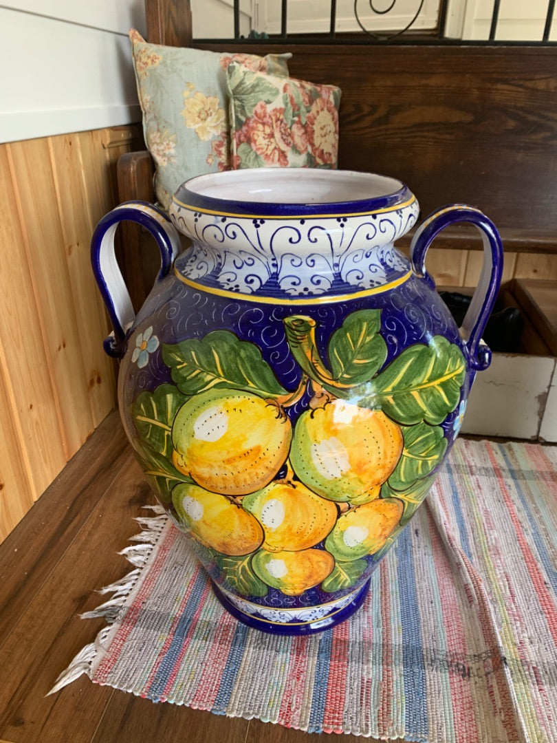 Large 24.5"h Double Handle Vase Lemons Blue Made in Italy Italian Pottery Urn