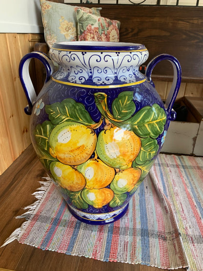 Large 24.5"h Double Handle Vase Lemons Blue Made in Italy Italian Pottery Urn