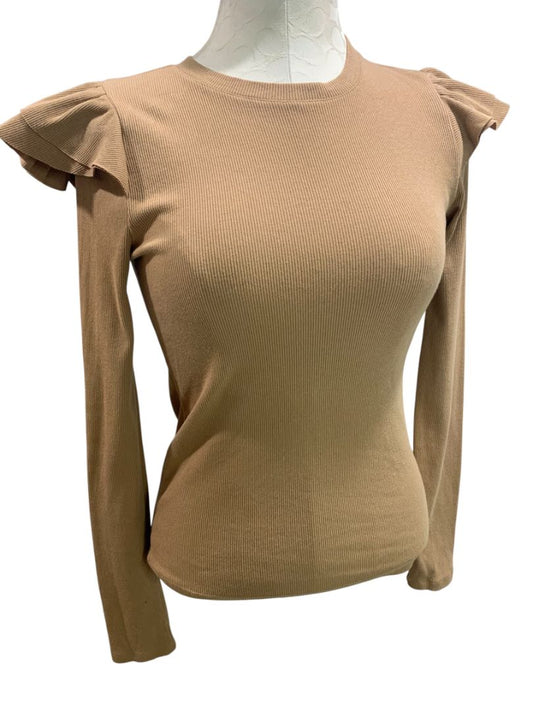 Size XS Gap Womens Brown Rib Knit Ruffle Shoulder Shirt