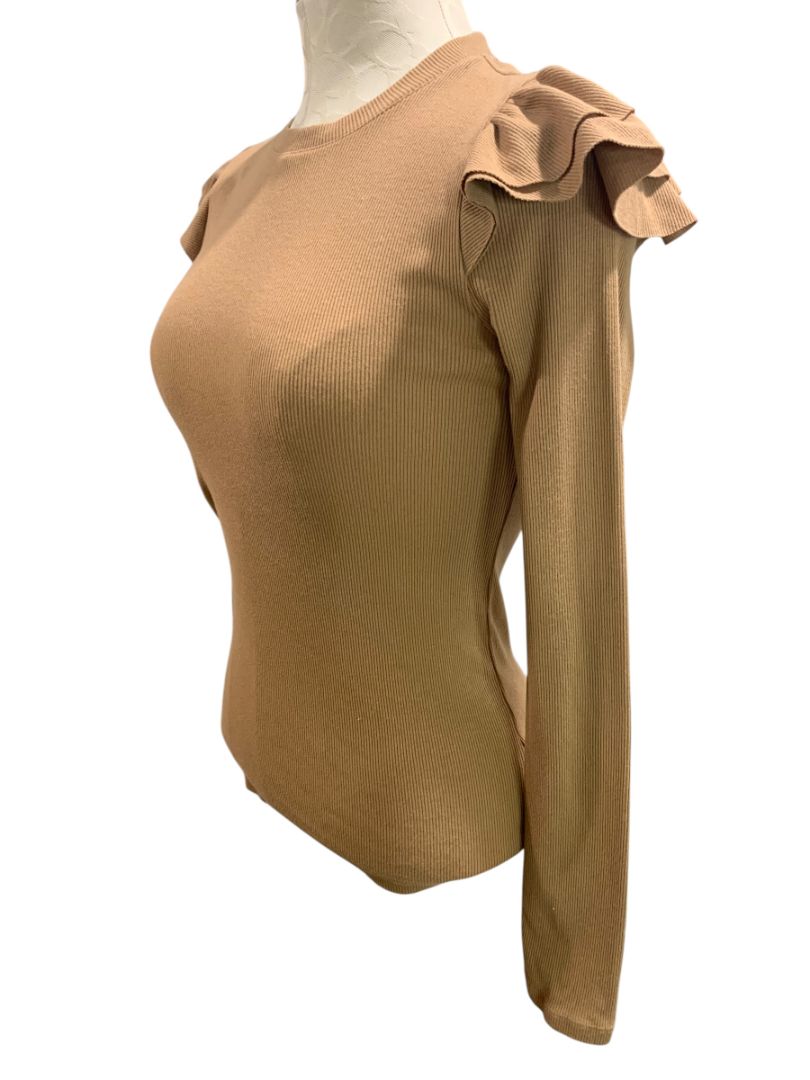 Size XS Gap Womens Brown Rib Knit Ruffle Shoulder Shirt