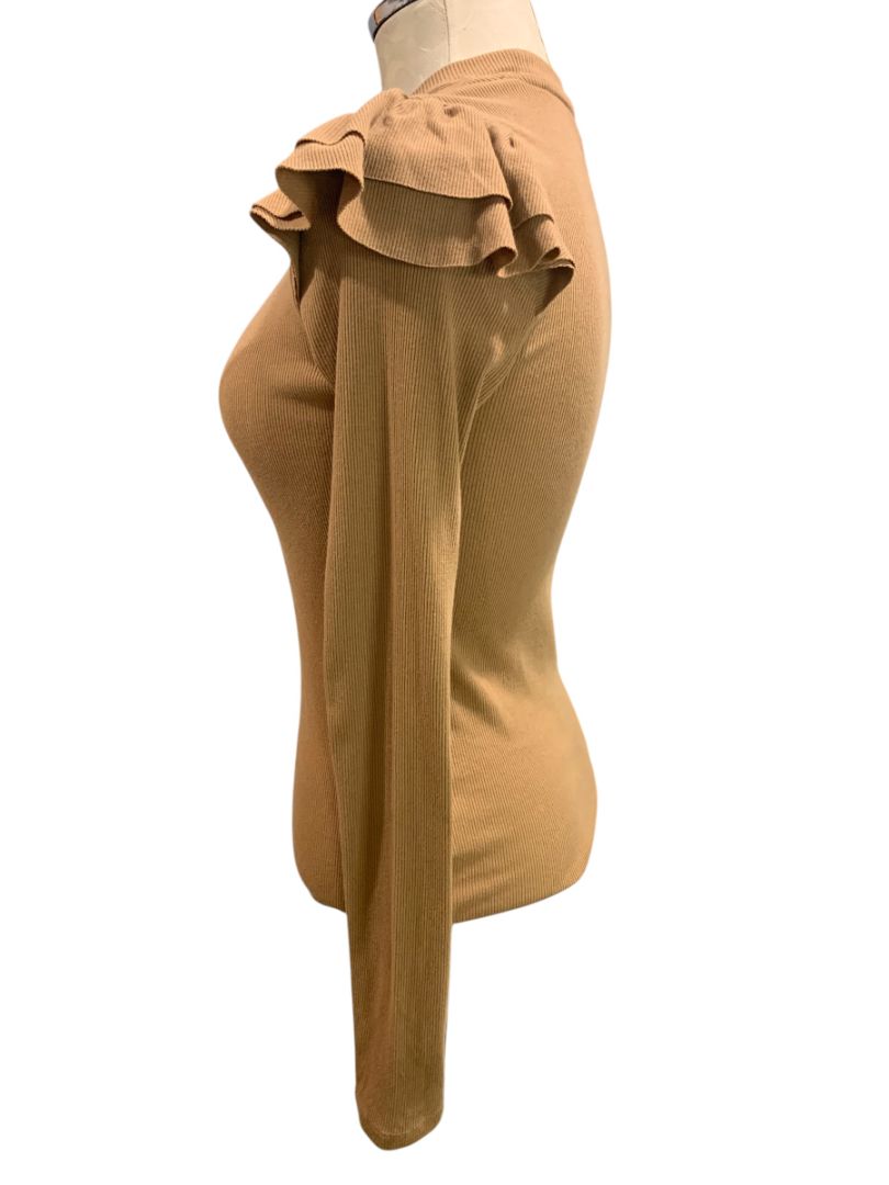 Size XS Gap Womens Brown Rib Knit Ruffle Shoulder Shirt