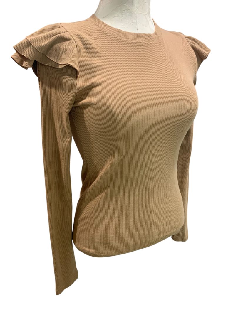 Size XS Gap Womens Brown Rib Knit Ruffle Shoulder Shirt