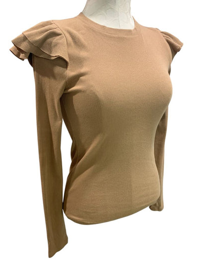 Size XS Gap Womens Brown Rib Knit Ruffle Shoulder Shirt