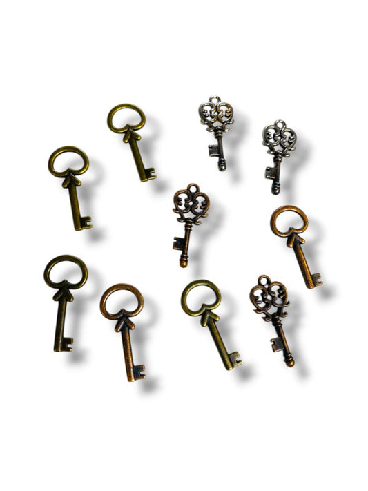 Lot of 10 Skeleton Key Pendant Charms Jewelry Making Silvertone Brass Color 1"