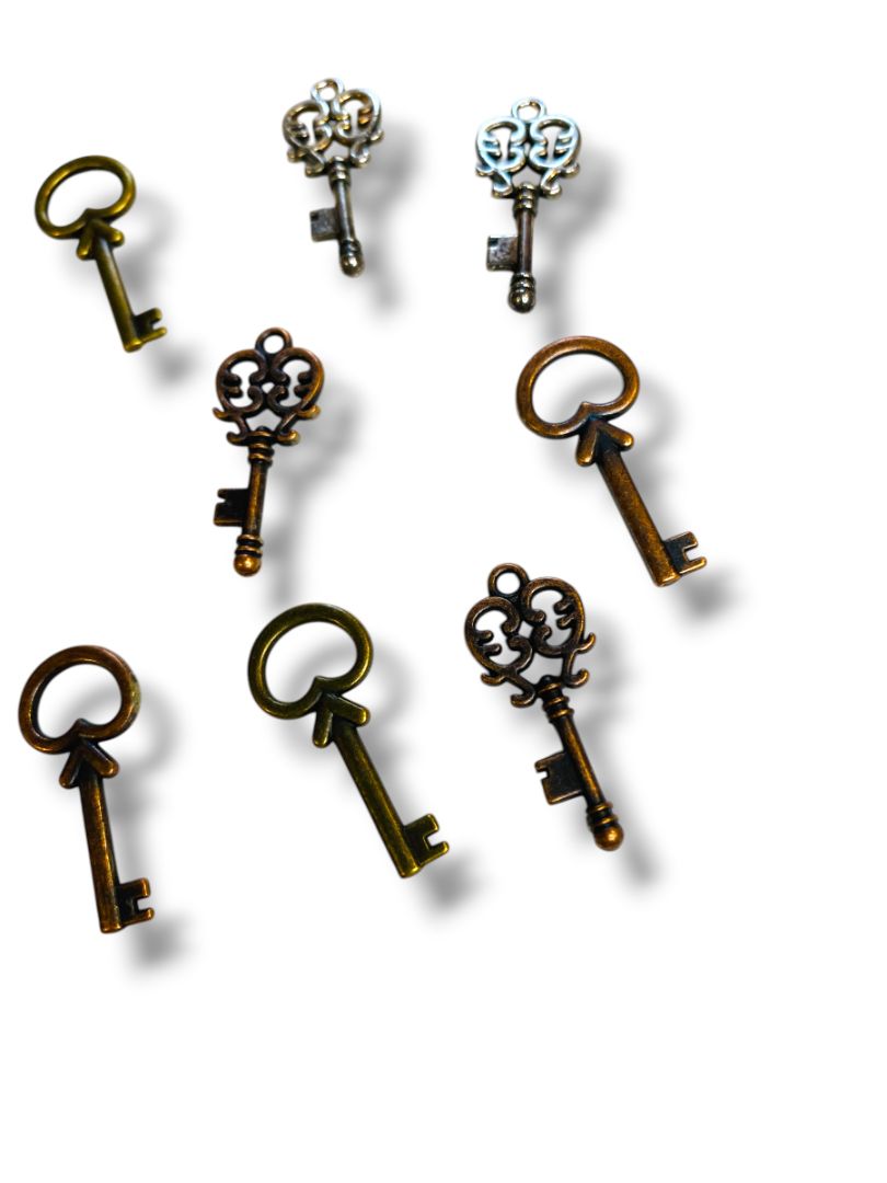 Lot of 10 Skeleton Key Pendant Charms Jewelry Making Silvertone Brass Color 1"
