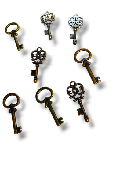 Lot of 10 Skeleton Key Pendant Charms Jewelry Making Silvertone Brass Color 1"