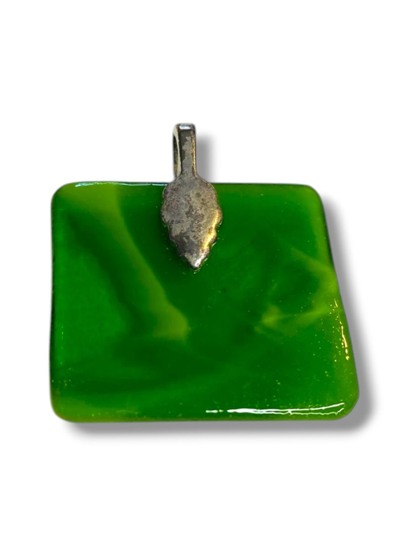 Green Glass Pendant Jewelry Etched Man with Hammer 1.4" x 1.5" Drop