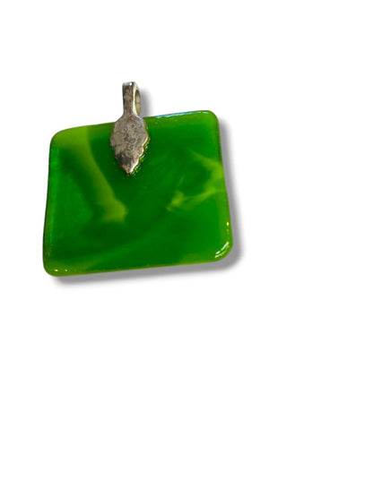 Green Glass Pendant Jewelry Etched Man with Hammer 1.4" x 1.5" Drop