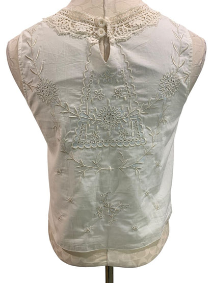 Small Ivory Womens Sleeveless Shirt Embroidery Lace Floral Feminine