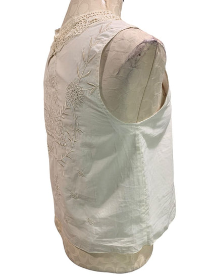 Small Ivory Womens Sleeveless Shirt Embroidery Lace Floral Feminine