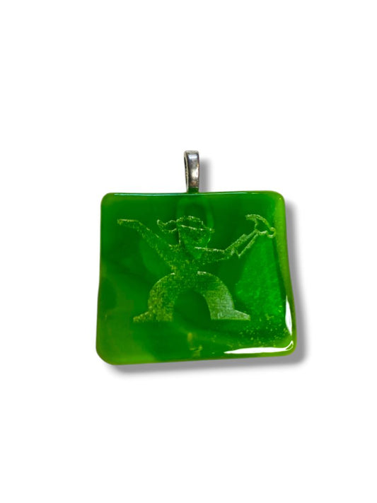 Green Glass Pendant Jewelry Etched Man with Hammer 1.4" x 1.5" Drop