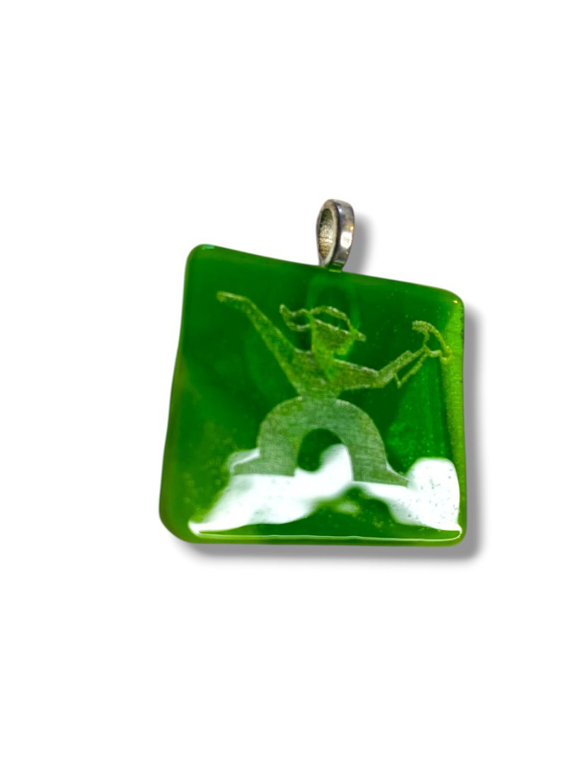 Green Glass Pendant Jewelry Etched Man with Hammer 1.4" x 1.5" Drop