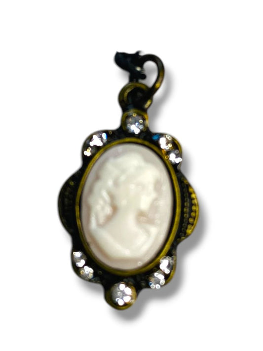 Cameo Pendant Charm Antiqued Goldtone White Rhinestones 1"