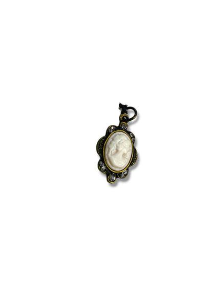 Cameo Pendant Charm Antiqued Goldtone White Rhinestones 1"