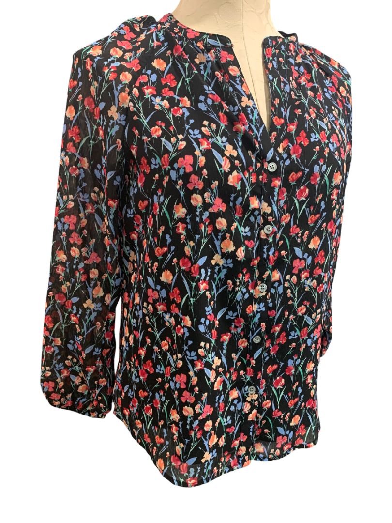 Size XXS J.Crew Womens Floral Raglan Button Up Blouse Black BA750
