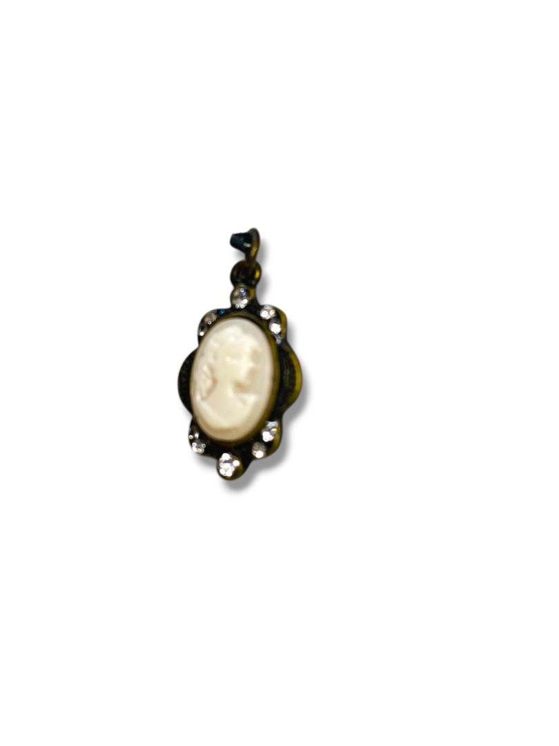Cameo Pendant Charm Antiqued Goldtone White Rhinestones 1"